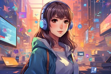 Woman Wearing Headphones in a City. Generative AI. - 746628728