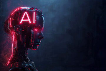 Roboterkopf mit den leichtenden Buchstaben AI als Hintergrundmotiv und Druckvorlage, ai generativ