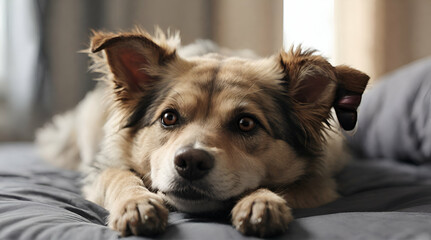 Portrait of puppy corgi lying on blue textile sofa. Happy and funny brown ginger dog relaxing at home. Close up, copy space. Genrative.ai 
