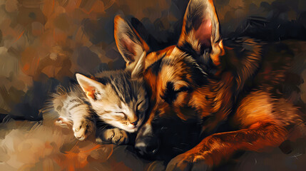 Pastel drawing artistic image of a photo of a dog and a cat being best friends,Oil painting artistic image of orange cat cuddling with black lab dog

