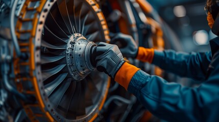 Close-up of an aeronautical engineer's hands adjusting components inside the jet engine of a commercial airplane in the spacious aircraft repair factory. - obrazy, fototapety, plakaty
