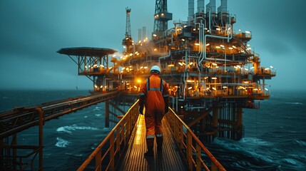 Oil rig worker in a orange coverall and safety helmet stands on an offshore platform bridge, gazing out at a turbulent ocean under stormy skies.