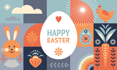 Happy Easter card design, Easter egg card in geometric flat modern style, horizontal banner