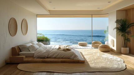 Eco-friendly bedroom interior in a house or hotel overlooking the sea, creating a relaxing holiday atmosphere - 746629172