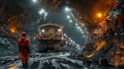Miner stands contemplatively in a vast underground excavation site with large-scale mining equipment in operation.