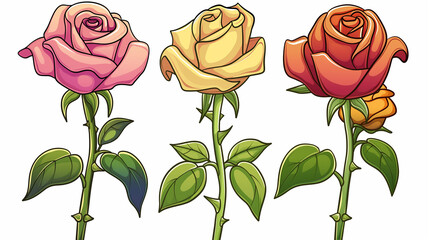 Conjunto de Rosas coloridas isolados sobre fundo branco. Ilustração em aquarela.