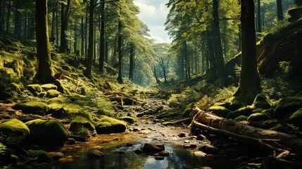 Obraz premium a forest of trees and sunlight shining through it, in the style of light green and dark beige, metropolis meets nature, fauna and flora accuracy, exacting precision