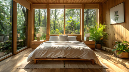 Eco-friendly bedroom interior in a wooden house or hotel overlooking the tropical forest, creating a relaxing atmosphere of rest and self-care - 746629582