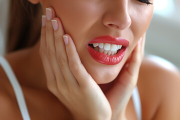 Obraz premium Young woman with toothache, periodontal disease in wisdom teeth, gum inflammation, headache and migraine, dental pain, health problems concept