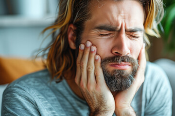 Man with toothache, periodontal disease in wisdom teeth, gum inflammation, dental pain, headache and migraine, health problems concept - 746629754