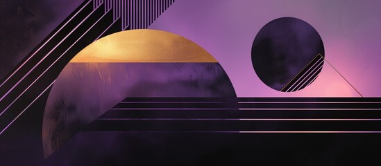 Geometric abstract background pattern. Purple, gold and black colors. Abstract horizontal banner. 80's graphic design style. Digital artwork raster bitmap. 