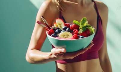 An athletic sporty young woman holds smoothie with berries and fruits
