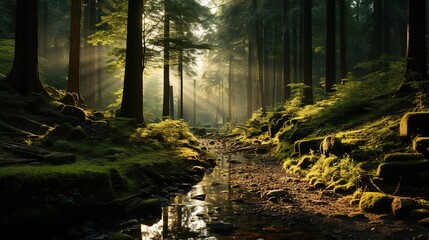 a forest with sunlight shining through thick trees, in the style of dark green and light bronze, visually poetic, pastoral charm, sunrays shine upon it - obrazy, fototapety, plakaty