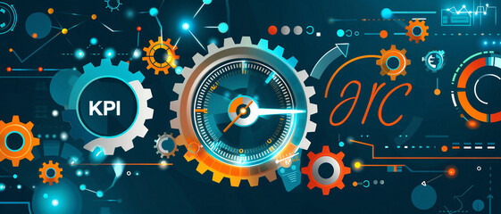 Obraz premium a high-tech banner design with the term KPI seamlessly integrates with interconnected gears and a speedometer icon. Key Performance Indicator .