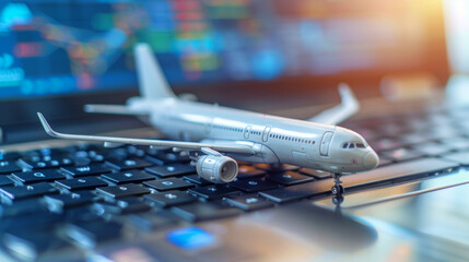 airplane model on laptop keyboard, online  ticket booking flight schedule