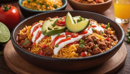 Mexican dishes on the table. Tacos, Burritos, quesadillas, chili, fajitas, tortillas.