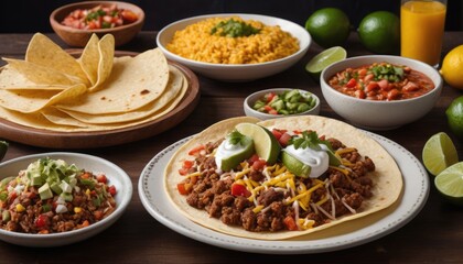 Mexican dishes on the table. Tacos, Burritos, quesadillas, chili, fajitas, tortillas.