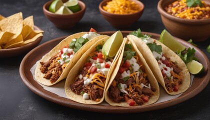 Mexican dishes on the table. Tacos, Burritos, quesadillas, chili, fajitas, tortillas.