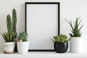 Minimalist Black Frame Mockup with Succulent Plants on White Shelf