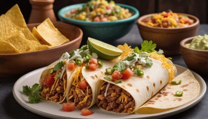 Mexican dishes on the table. Tacos, Burritos, quesadillas, chili, fajitas, tortillas.