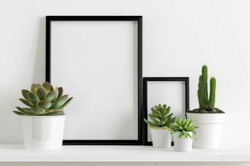 Modern Home Decor Mockup with Black Frame and Succulent Plants on White Shelf