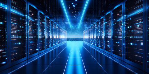 a background with Neon Tunnel with Line Marking Creating a Mesmerizing Scene, Shot of Corridor in Working Data Center Full of Rack Servers and Supercomputers with Internet connection