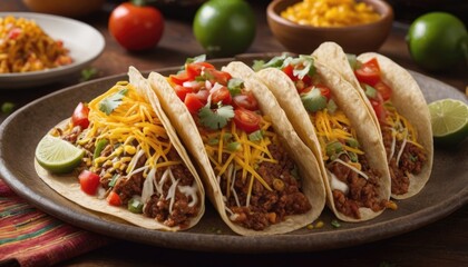 Mexican dishes on the table. Tacos, Burritos, quesadillas, chili, fajitas, tortillas.