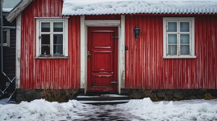 Charming Red House in Iceland's Reykjavik with White Roof and Corrugated Iron - obrazy, fototapety, plakaty