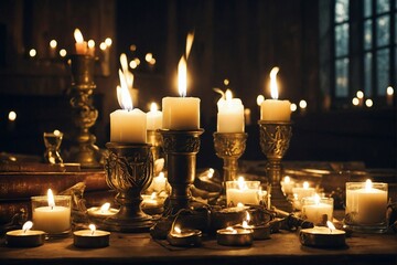 Table Decorated With Lit Candles. Generative AI.