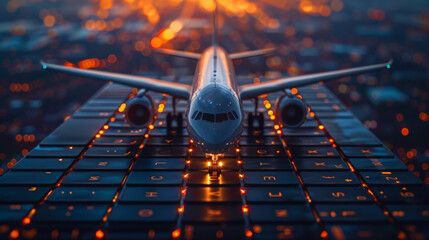 airplane model on laptop keyboard, online  ticket booking flight schedule - obrazy, fototapety, plakaty