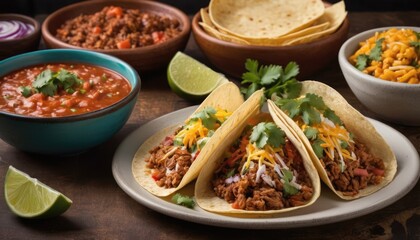 Mexican dishes on the table. Tacos, Burritos, quesadillas, chili, fajitas, tortillas.