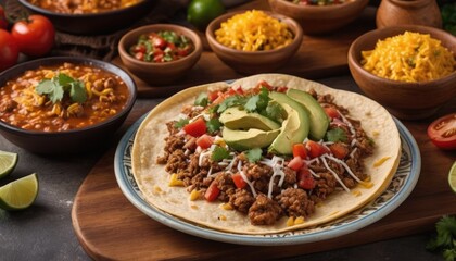 Fototapeta na wymiar Mexican dishes on the table. Tacos, Burritos, quesadillas, chili, fajitas, tortillas.