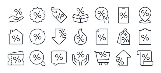 Sale, discount, price reduction editable stroke outline icons set isolated on white background flat vector illustration. Pixel perfect. 64 x 64