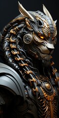 a futuristic picture with a head that is black, in the style of dark orange and light gray, realistic detailing, manticore, vray tracing, hyper-realistic details, hard edge, intricately sculpted