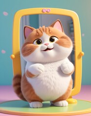 An ecstatic cartoon cat with a white and orange fur pattern claps its paws in front of a vibrant yellow mirror. The cat's joyful energy is infectious, perfectly captured in a child-friendly style. AI