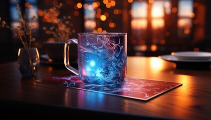 a gift card on a table with a bright light, in the style of digital airbrushing, luminous scenes, miniaturecore, shiny/glossy, intel core, aurorapunk, xmaspunk