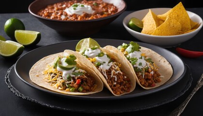 Mexican dishes on the table. Tacos, Burritos, quesadillas, chili, fajitas, tortillas.