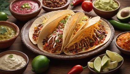 Mexican dishes on the table. Tacos, Burritos, quesadillas, chili, fajitas, tortillas.