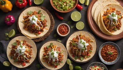 Mexican dishes on the table. Tacos, Burritos, quesadillas, chili, fajitas, tortillas.