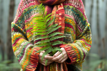 Girl in colorful sweater, nature lover, holding a fern leaf - Powered by Adobe