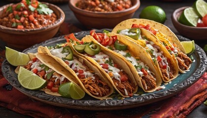 Mexican dishes on the table. Tacos, Burritos, quesadillas, chili, fajitas, tortillas.