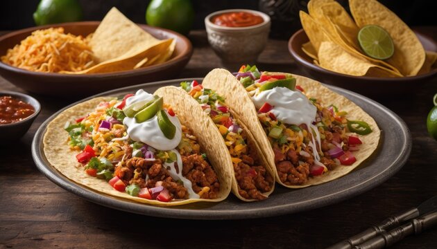 Mexican dishes on the table. Tacos, Burritos, quesadillas, chili, fajitas, tortillas.