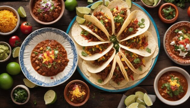Mexican dishes on the table. Tacos, Burritos, quesadillas, chili, fajitas, tortillas.