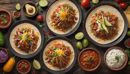 Mexican dishes on the table. Tacos, Burritos, quesadillas, chili, fajitas, tortillas.