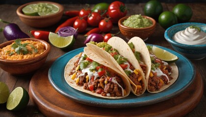 Mexican dishes on the table. Tacos, Burritos, quesadillas, chili, fajitas, tortillas.