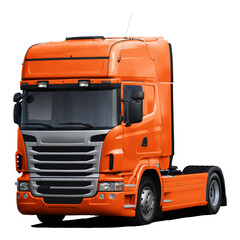 A modern European truck is completely orange. Front side view isolated on white background.