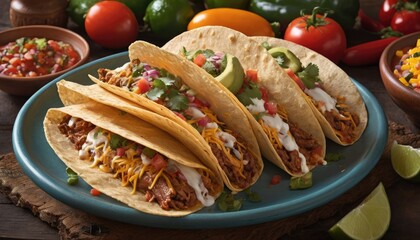 Mexican dishes on the table. Tacos, Burritos, quesadillas, chili, fajitas, tortillas.