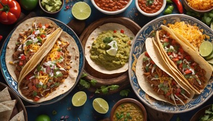 Mexican dishes on the table. Tacos, Burritos, quesadillas, chili, fajitas, tortillas.