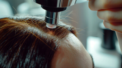 Microscopic examination of hair and scalp by a trichologist. Hair care and treatment concept. Design for the healthcare and beauty industry.. - obrazy, fototapety, plakaty