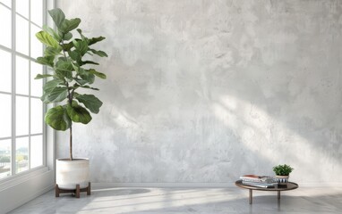 minimal white wall with faint texture, polished concrete floor, back wall with large window, mid century modern coffee table with stacked magazines, potted fiddle leaf fig plant, clean smooth modern 